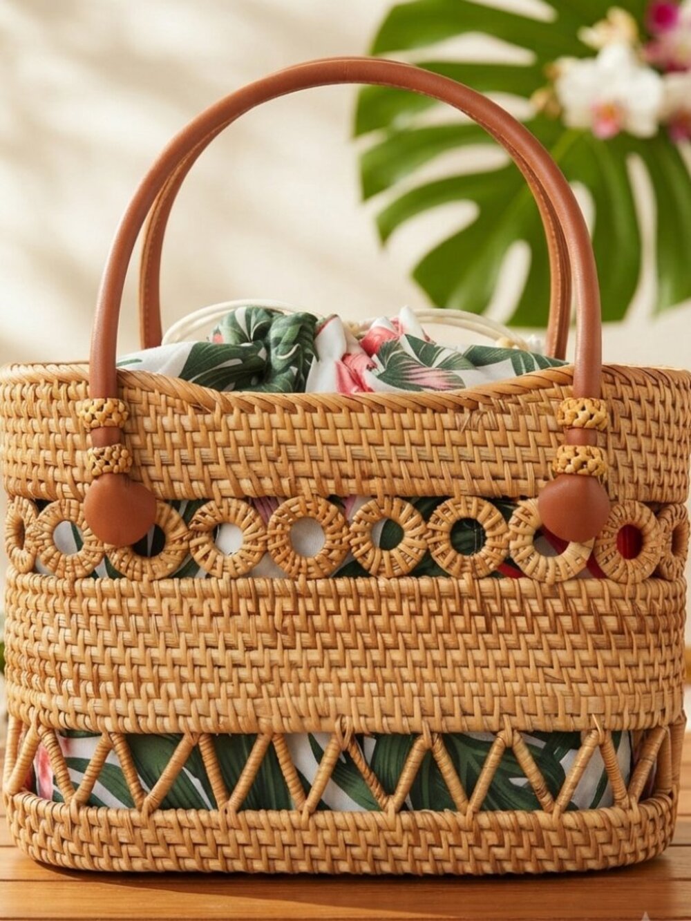 Woven Rattan Bucket Bag Boho Tropical Faux Leather Handles